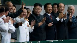 North Korean leader Kim Jong-Un applauds prior to an 'Arrirang Festival mass games display' at the 150,000-seat Rungnado May Day Stadium in Pyongyang on Friday, July 26.