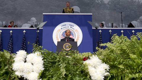 President Obama speaks during a commemorative ceremony near the Korean War Veterans Memorial on Saturday.
