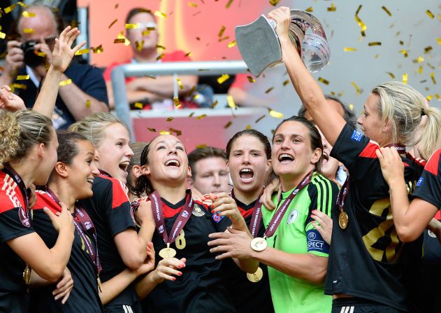 Germany's women lift the Euro 2013 title after a 1-0 victory over Norway in the final in Sweden.