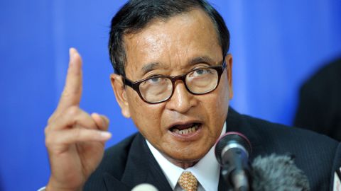 Leader of the opposition Cambodia National Rescue Party, Sam Rainsy speaks in Phnom Penh on Monday.