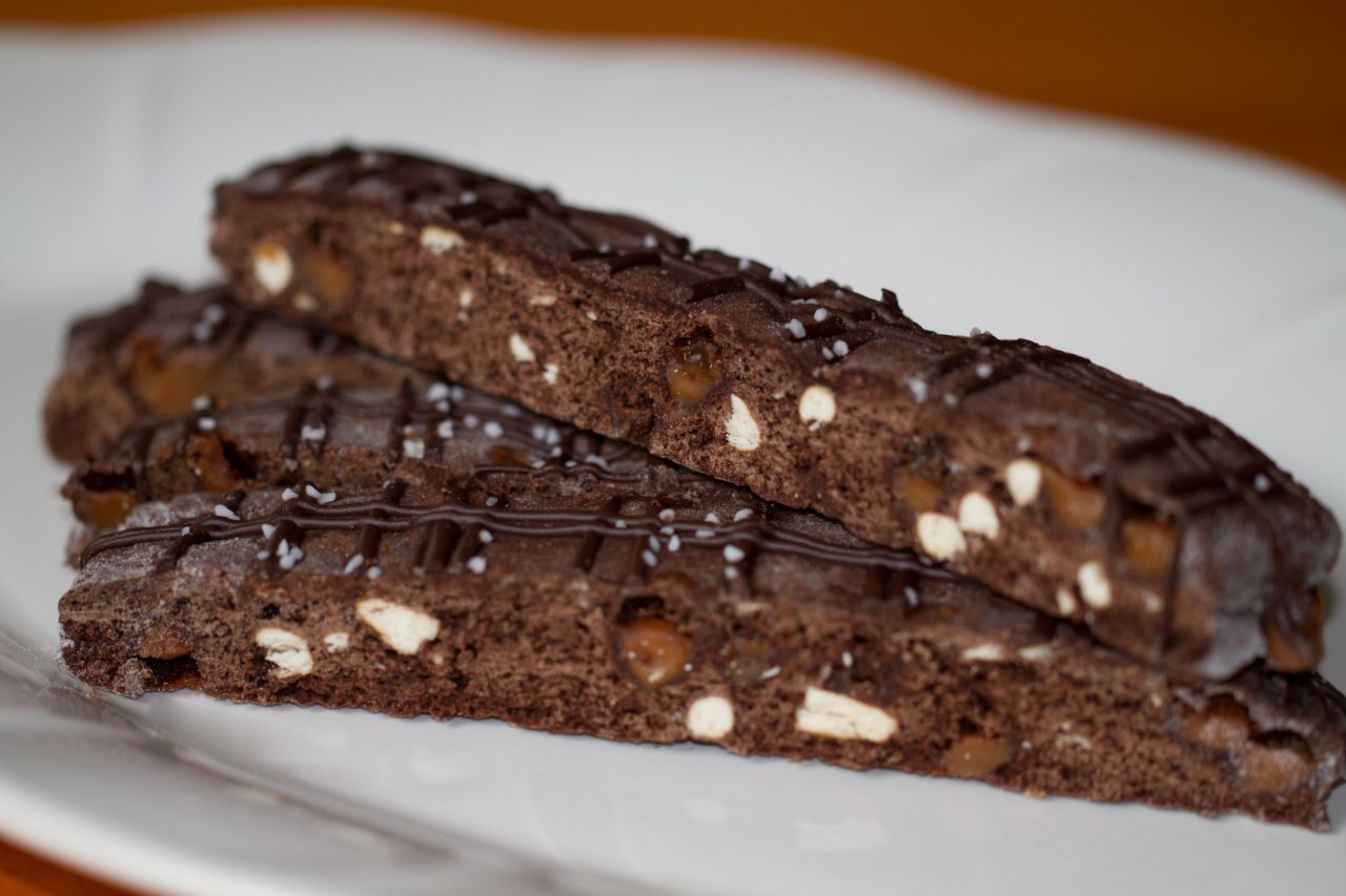 Vu's chocolate-caramel pretzel biscotti is a combination of sweet and savory flavors. This treat was inspired by her husband, who challenged her to re-create his favorite candy: salted caramel. 
