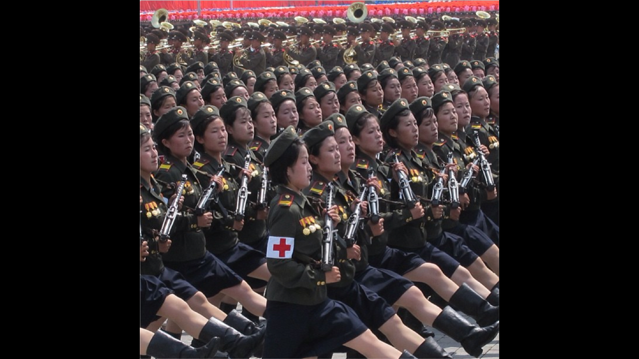 At one of the specially organized, <a href="http://instagram.com/p/cRmqxpBqNP/" target="_blank" target="_blank">expertly synchronized parades</a>, these female army medics marched perfectly in line as they paraded through Pyongyang's Kim Il Sung Square. 