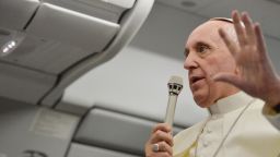 Pope Francis speaks during a long press conference held aboard the papal flight on their way back to Italy upon departure from Rio de Janeiro in Brazil, on July 28, 2013.