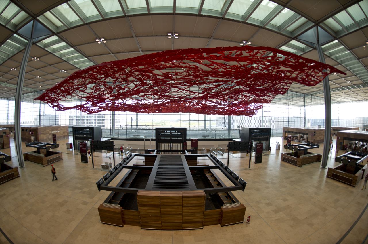 The main check-in hall at Berlin Brandenberg Willy Brandt Airport.