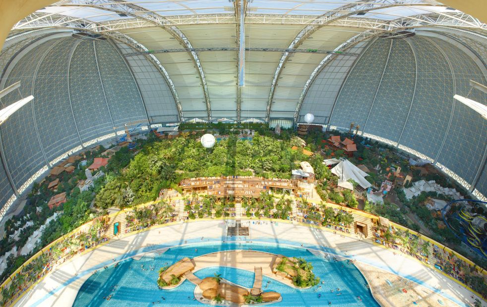 An artificial beach complements the world's largest indoor rainforest at Tropical Islands in Krausnick. It's also home to Germany's tallest water slide tower.