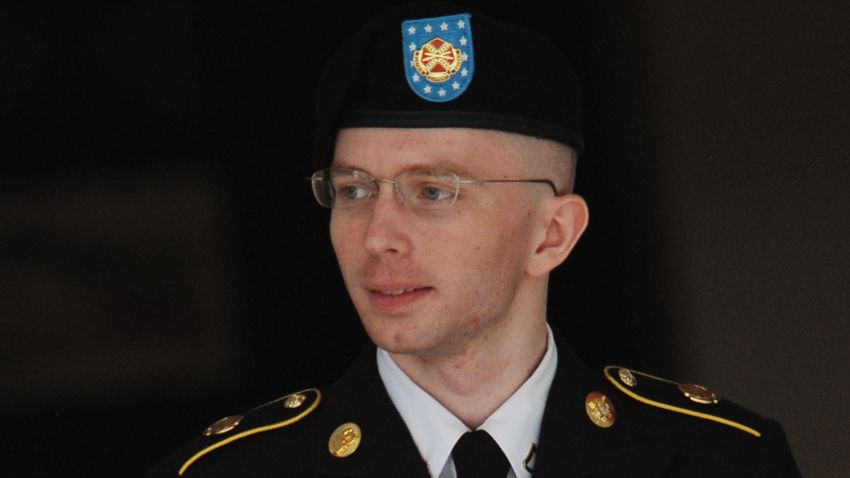 Army Pfc. Bradley Manning is escorted from court on July 25, 2013 in Fort Meade, Maryland on July 25, 2013. The trial of Manning, accused of 'aiding the enemy' by giving secret documents to WikiLeaks, is entering its final stage Thursday as both sides present closing arguments. 