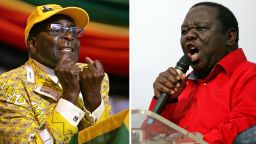 This combination of two recent pictures taken in Zimbabwe shows (at L) Zimbabwe's president and leader of the Zimbabwe African National Union -Patriotic Front (ZANU-PF) Robert Mugabe, and (at R) Zimbabwe's Prime Minister and Movement for Democratic Change (MDC) leader Morgan Tsvangirai. Zimbabwean Prime Minister Morgan Tsvangirai on July 27, 2013 warned President Robert Mugabe not to "steal" a crunch vote next week, so that his veteran rival could exit office with dignity. "Mugabe stole an election in 2002, he stole the election in 2008. This time we want to tell him that he will not steal again, " Tsvangirai said to thousands of supporters. AFP PHOTO / JEKESAI NJIKIZANAJEKESAI NJIKIZANA/AFP/Getty Images