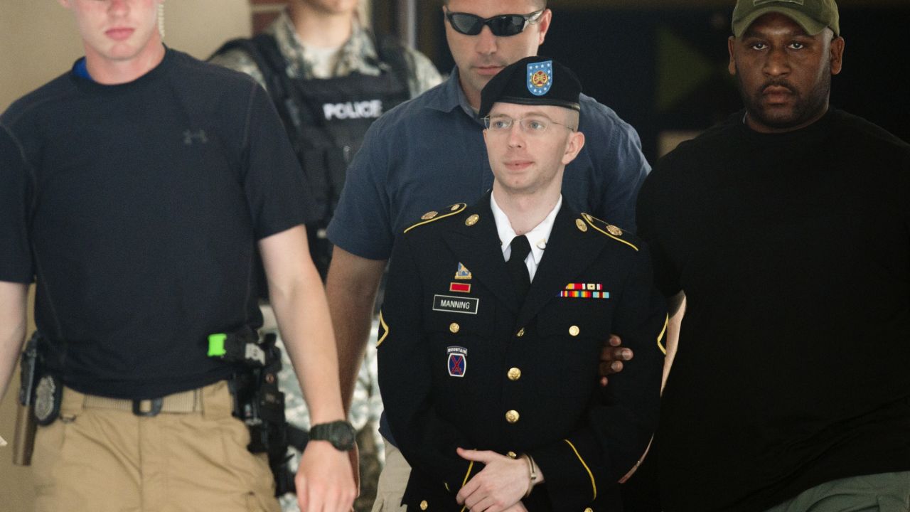 Bradley Manning leaves a military court after hearing his verdict in the trial at Fort Meade, Maryland, on July 30.