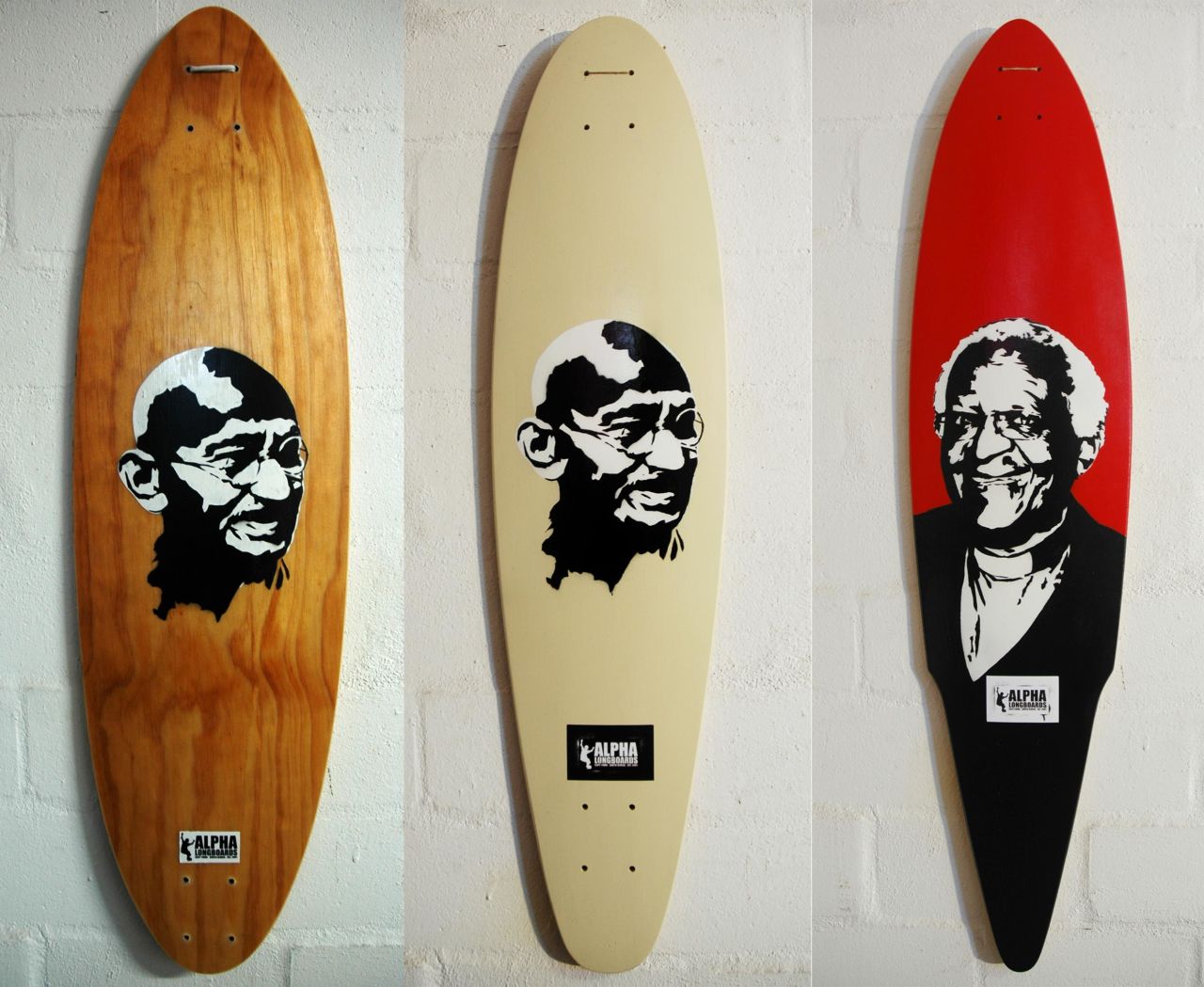 The faces of both Mahatma Gandhi and Archbishop Desmond Tutu have graced the longboards built by South African Kent Lingeveldt. 