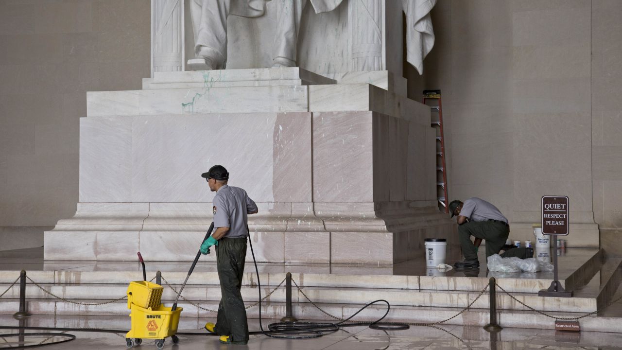 National Park Service workers clean the Lincoln Memorial on July 26.