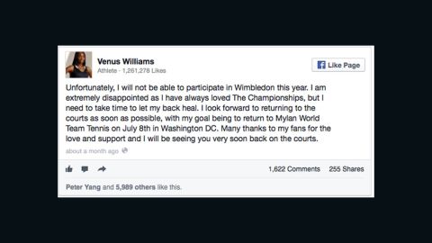 Facebook provided this example of an embedded post from tennis star Venus Williams.