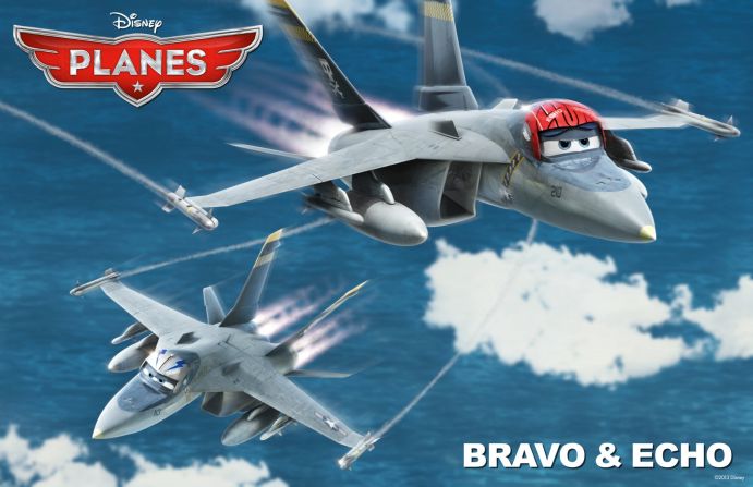 "The Navy airplanes are very F-18-esque," Bautista said, "but they're not F-18s. I love the fighter characters Bravo and Echo that intercept Dusty. The military sequence was the most fun to work on." Fans of the '80s film "Top Gun" will appreciate that Echo and his wingman, Bravo, are voiced by co-stars Val Kilmer and Anthony Edwards.