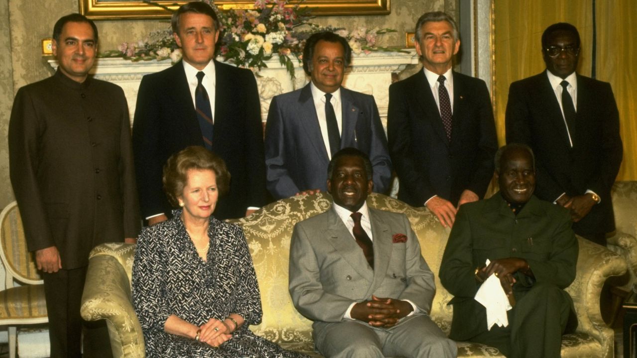 Mugabe poses for a photo with other leaders at a Commonwealth of Nations meeting in London in 1986. Pictured from left, in the back row, are Indian Prime Minister Rajiv Gandhi, Canadian Prime Minister Brian Mulroney, Commonwealth Secretary-General S.S. Ramphal, Australian Prime Minister Robert Hawke and Mugabe. In the front row, from left, are British Prime Minister Margaret Thatcher, Bahamian Prime Minister Lynden Pindling and Zambian President Kenneth Kaunda.