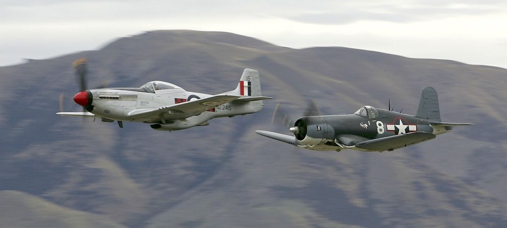 Similar to Skipper, a real F4U Corsair, at right, makes a low pass over an airfield during a 2006 airshow in Lake Wanaka, New Zealand.