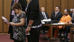Michelle Knight speaks during the sentencing phase for Ariel Castro Thursday, Aug. 1, 2013, in Cleveland. Three months after an Ohio woman kicked out part of a door to end nearly a decade of captivity, Castro, a onetime school bus driver faces sentencing for kidnapping three women and subjecting them to years of sexual and physical abuse. (AP Photo/Tony Dejak)