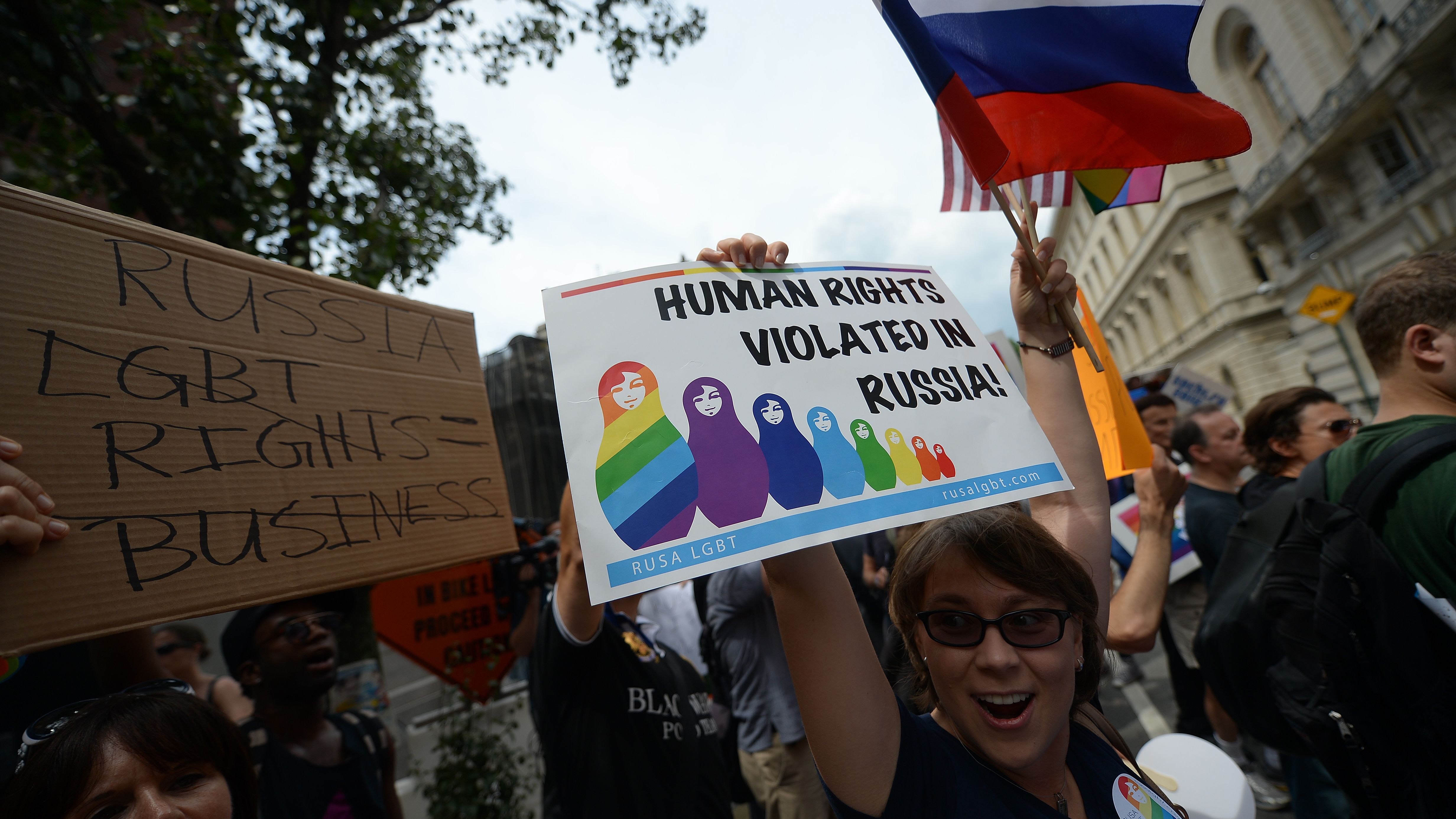 Protesters call for Russia to repeal its anti-gay laws before the 2014 Winter Olympics on Wednesday in New York.