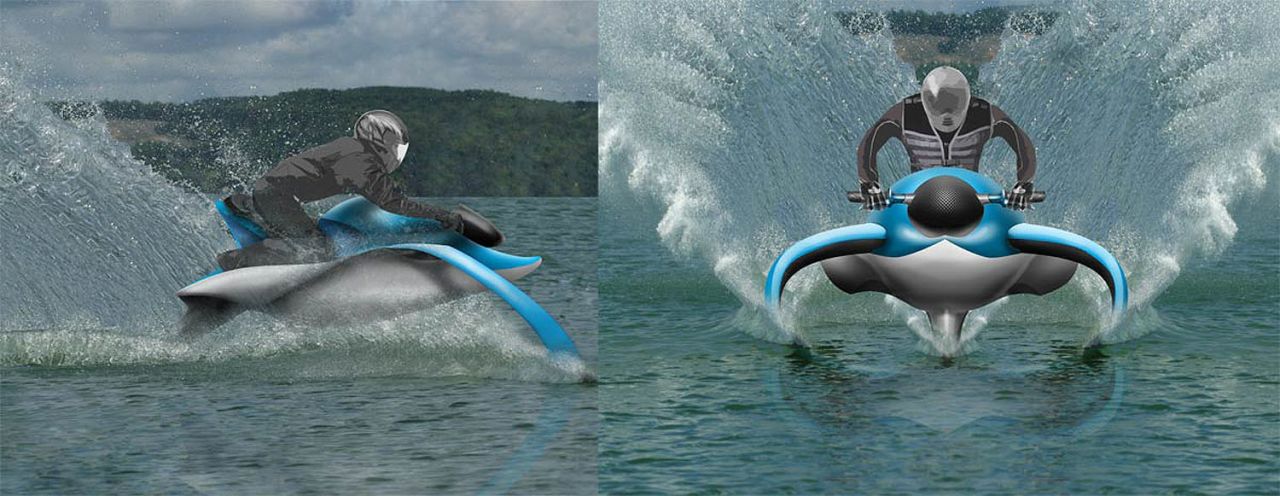 This watercraft concept glides above the water's surface with two hydrofoils that act as wings, which allows it to go much faster than a traditional skiers.