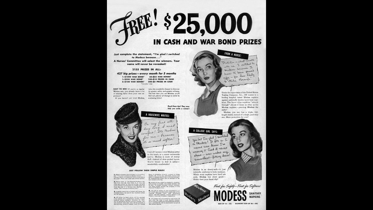 This advertisement from a 1943 McCall's magazine offers prizes -- in the form of war bonds -- for women's stories about transitioning to Modess brand sanitary napkins.