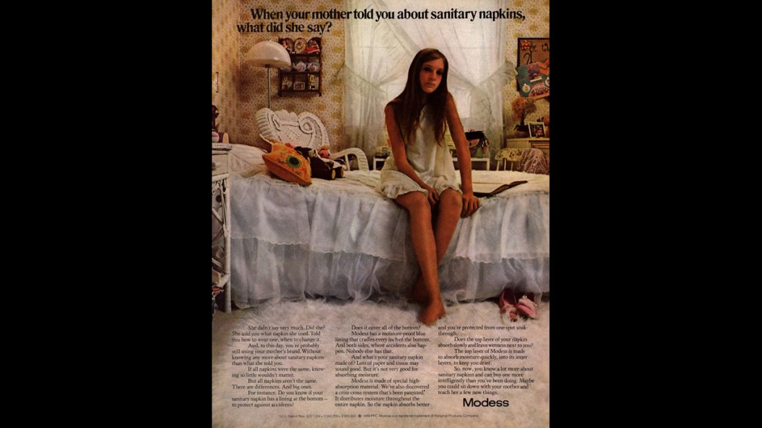 This 1970s-era magazine advertisement for Modess sanitary napkins asks women to reconsider the feminine protection options their mothers passed along. Johnson & Johnson's Modess ads ran for decades. The campaign is best known for its "Modess because" ads, which featured glamorous models wearing evening gowns.