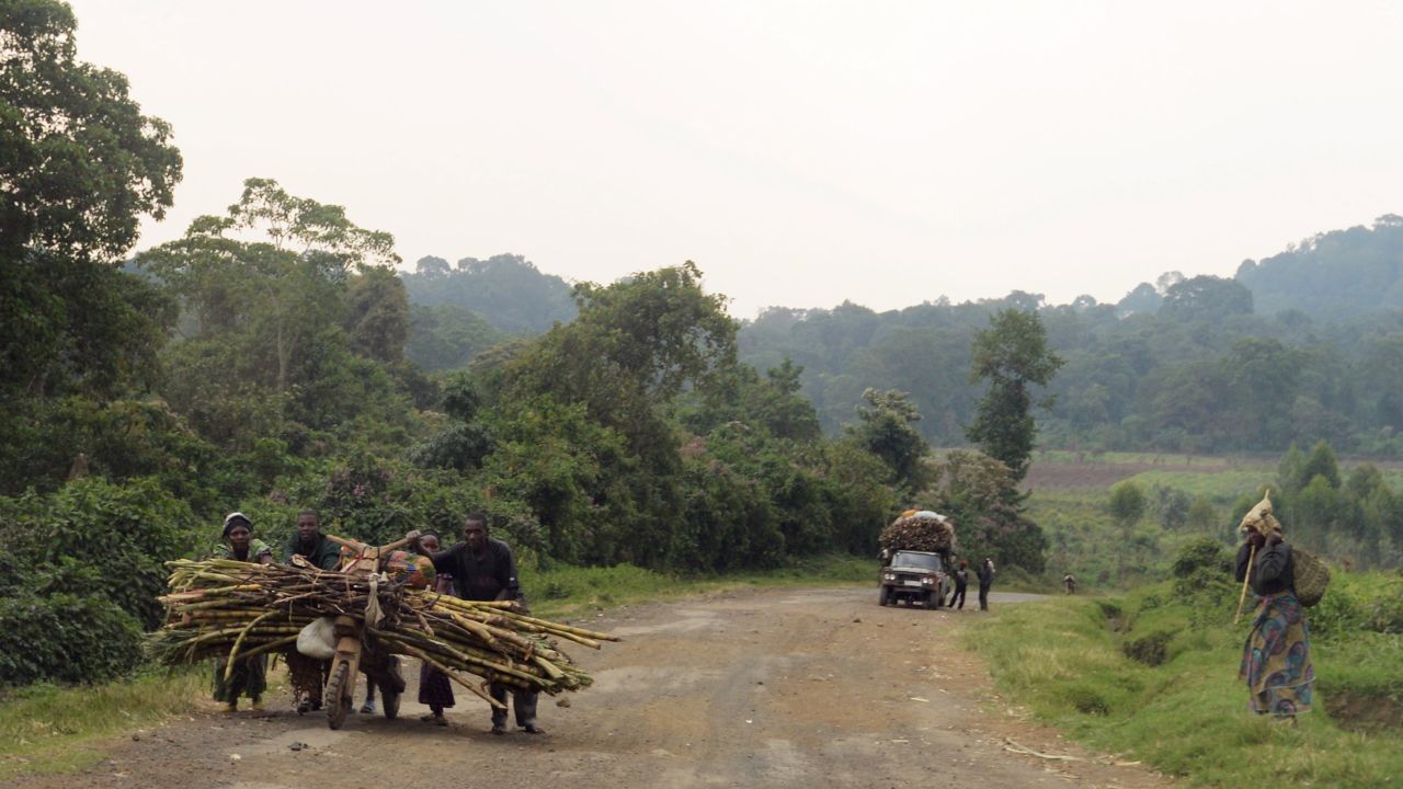 People walk on a road leading to the village of Kimbumba, in a M23 rebel-held territory, on July 25.