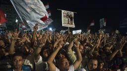 Supporters of Egypt's deposed president Mohamed Morsy gather during their open sit in outside Rabaa al-Adawiya mosque in Cairo on August 1, 2013.