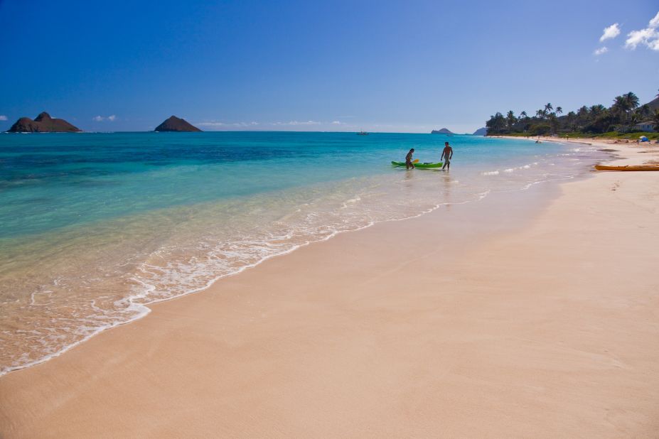 Lanikai Beach in Kailua, Oahu, features the beautiful waters and sands that make Hawaii famous for its beaches.