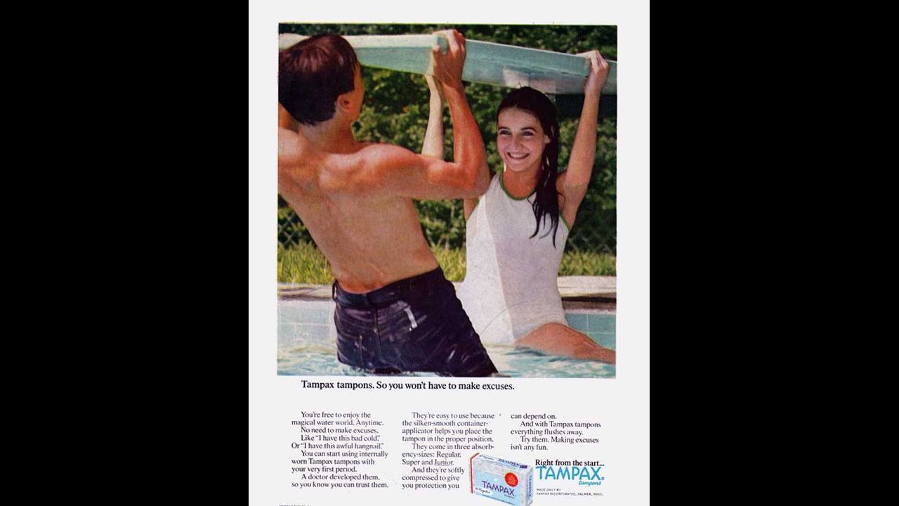This Tampax advertisement assures readers that girls can begin using internally worn protection with their "very first period," attempting to alleviate concerns still aired today that tampons should not be worn by young women and may affect their <a href="http://bit.ly/16XWaZM" target="_blank" target="_blank">virginity</a>.