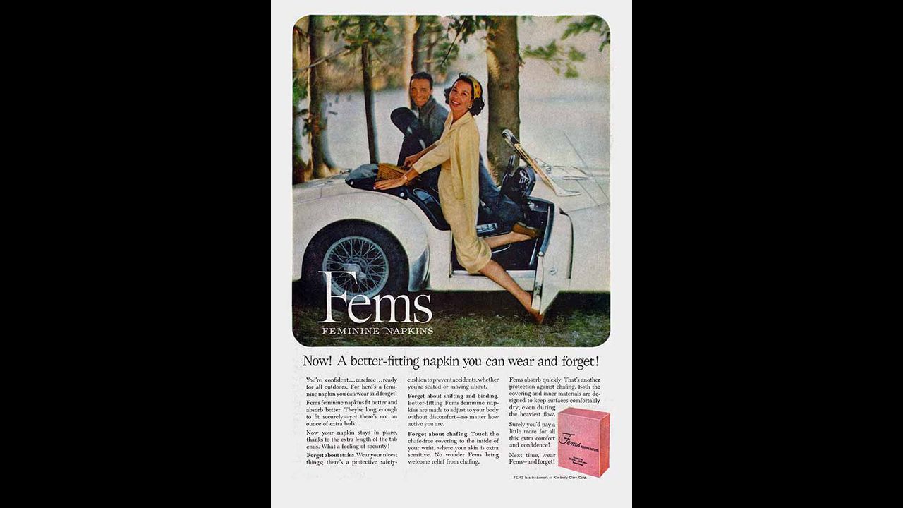 This Fems Feminine Napkins advertisement encourages women to "wear Fems -- and forget!"