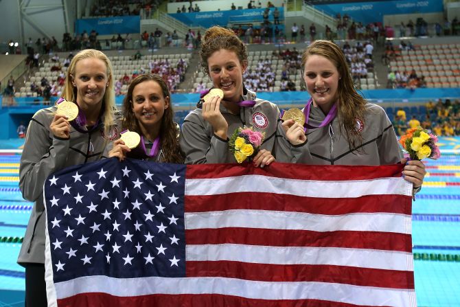 Franklin also won two relay golds in London, helping the U.S. set a world record in the 4 x 100m medley. She was joined by, left to right, Dana Vollmer, Rebecca Soni and Allison Schmitt. 