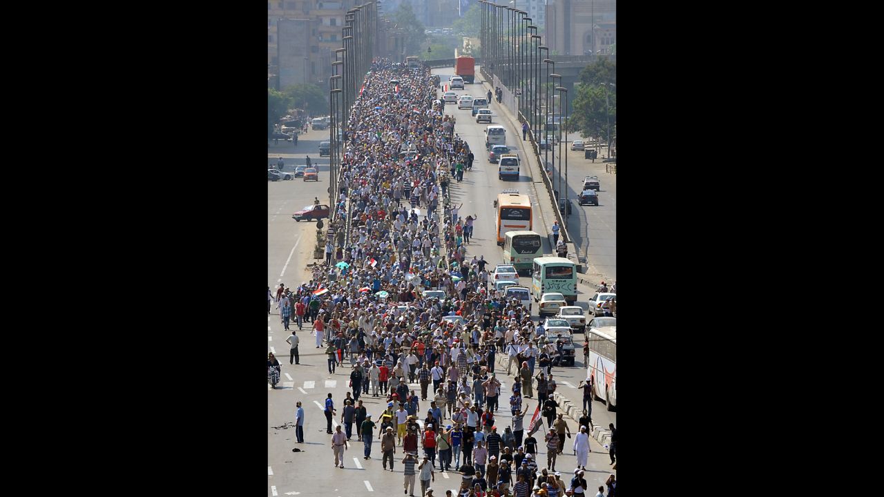 Morsy supporters march in a demonstration against the Egyptian government in Cairo on August 2. 