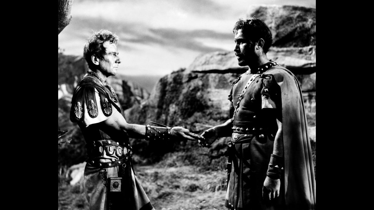 Ansara, right, appears as Pindarus in a 1953 production of "Julius Caesar" with John Gielgud as Cassius. 