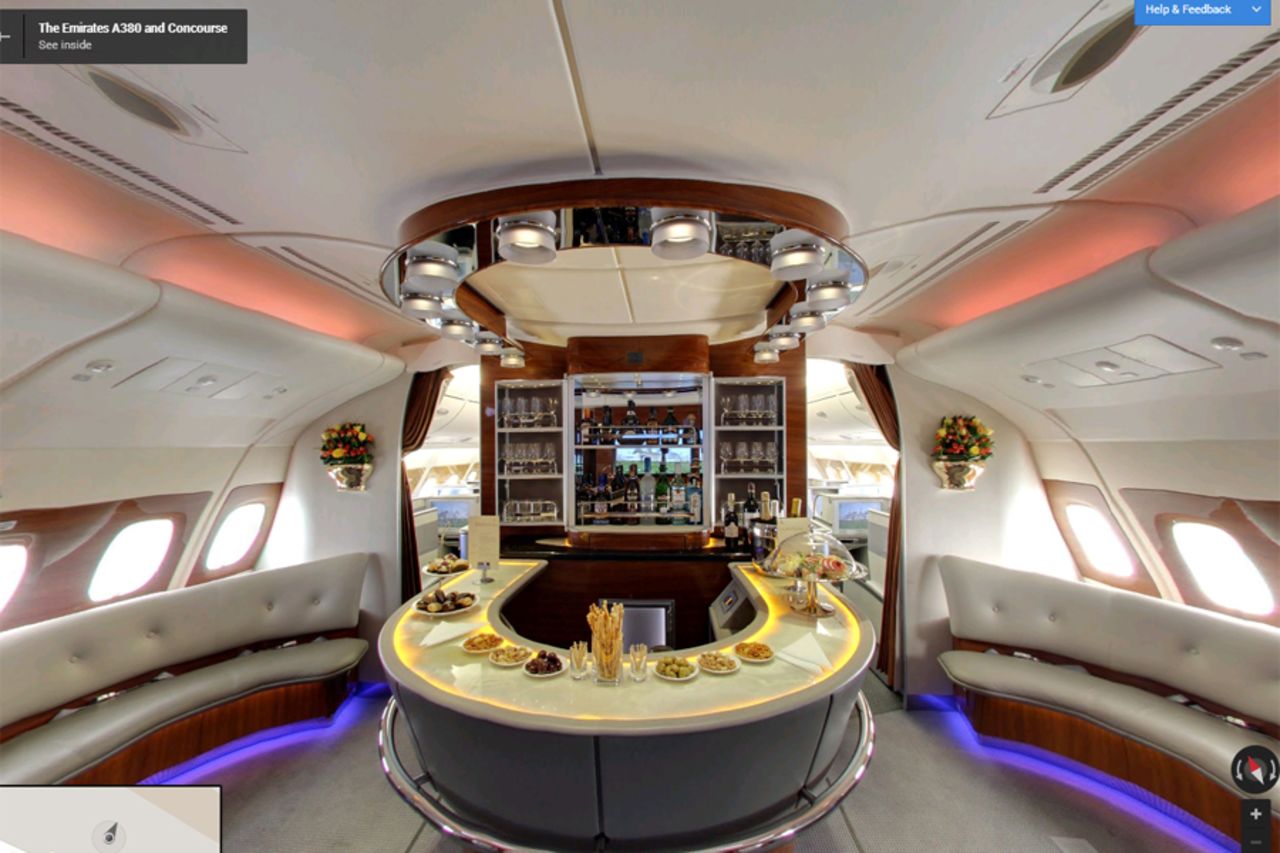 Google Street View explored an Emirates Airbus A380 from nose to tail. Here the Business Class bar at the back of the plane appears well stocked for its next flight. 