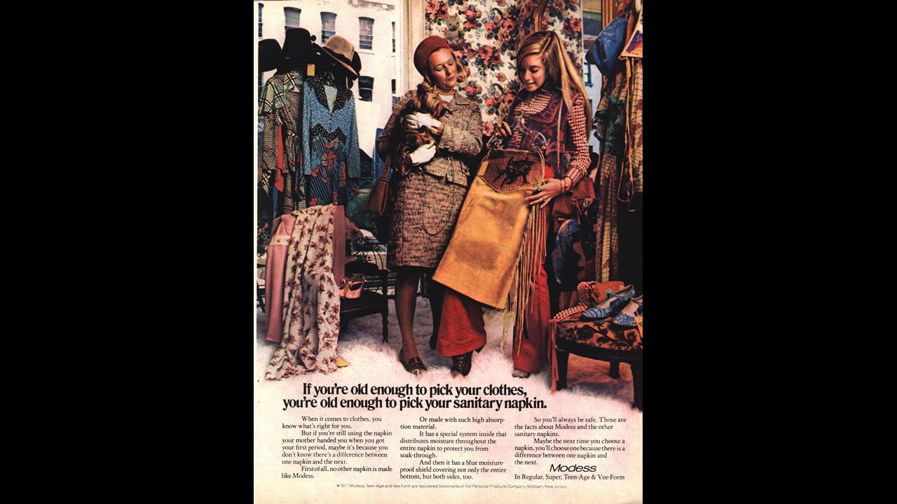 This vintage 1970s-era Modess magazine advertisement encourages the reader to switch from her mother's brand sanitary napkin to Johnson and Johnson's Modess brand. Modess ads ran for decades and through the 1970s. 