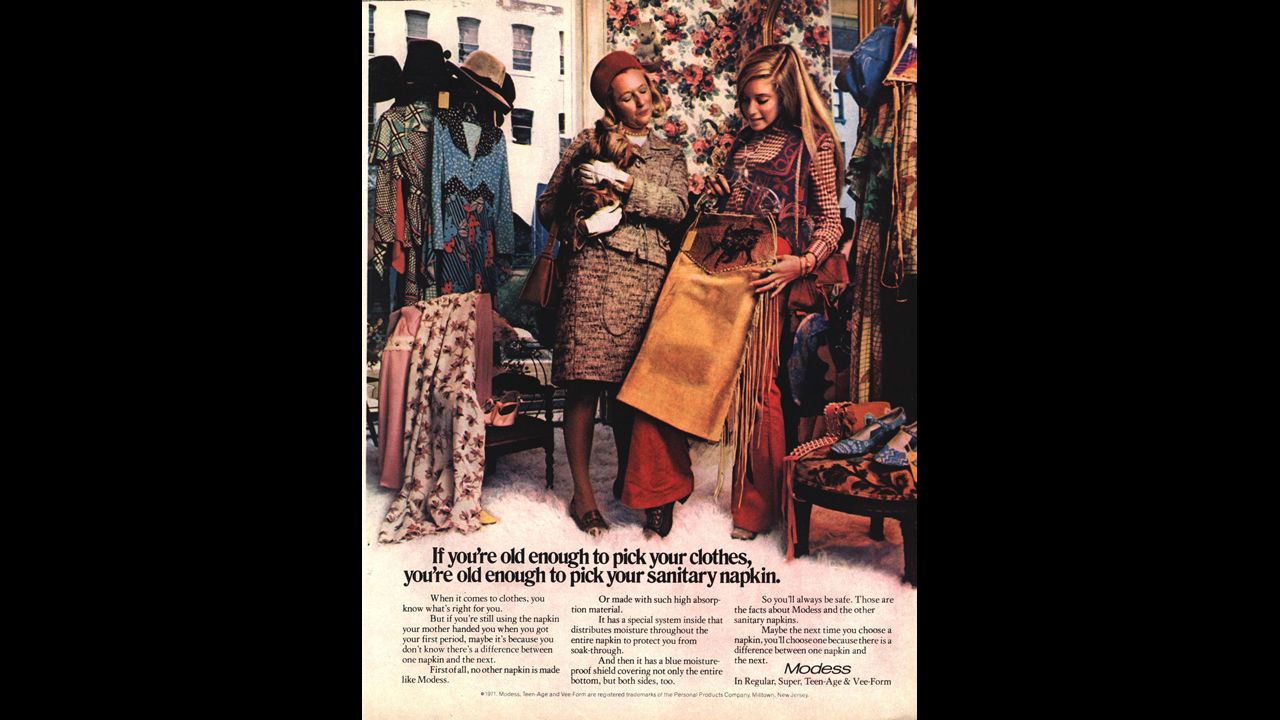 This vintage 1970s-era Modess magazine advertisement encourages the reader to switch from her mother's brand sanitary napkin to Johnson and Johnson's Modess brand. Modess ads ran for decades and through the 1970s.