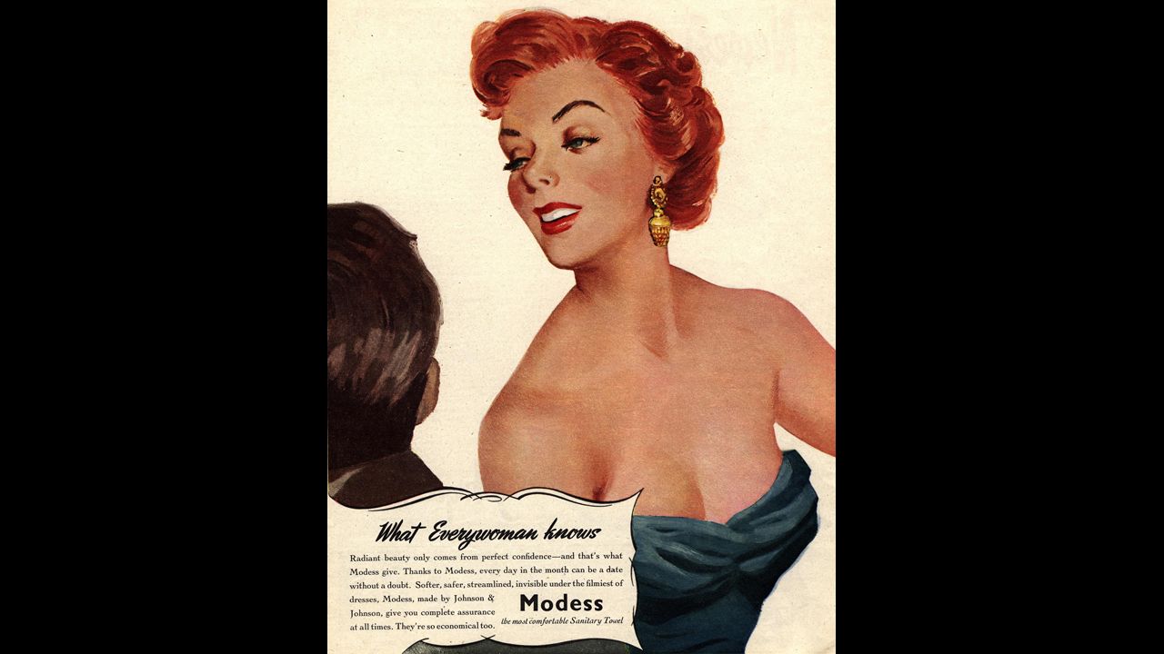 This 1950s-era Modess commercial touts the ability of their product to inspire confidence "invisible under the flimsiest of dresses."