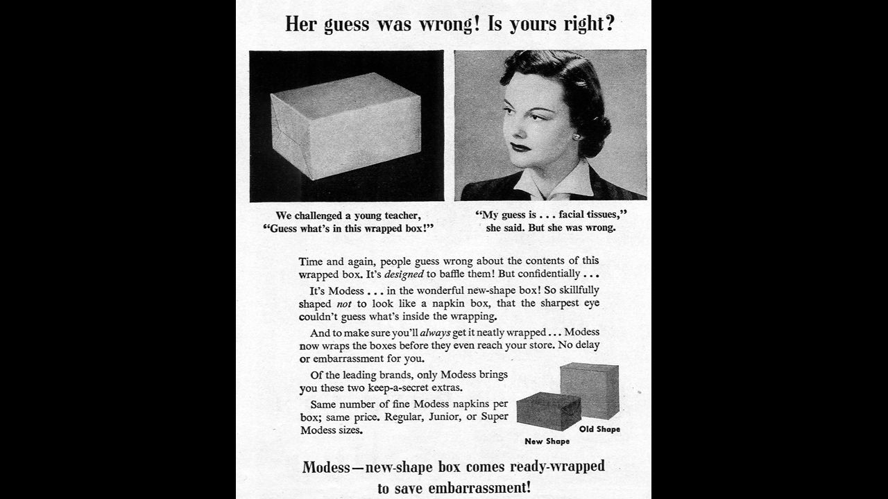 This 1950s-era Modess advertisement reveals a new strategy in packaging by the company well-known for its efforts at discretion and modesty. 
