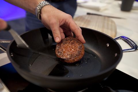Dubbed the "Frankenburger", it was mixed with breadcrumbs and egg powder to emulate the normal flavor of a burger. To give it a beefy color, red beet juice and saffron were added. 