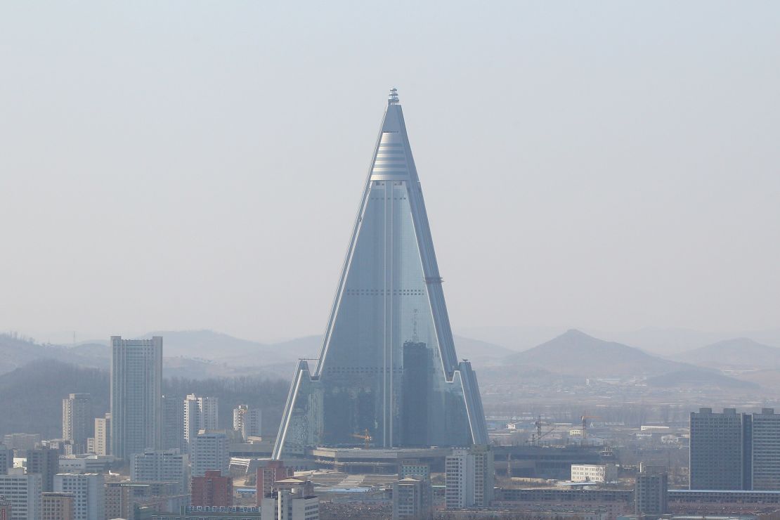 The 105-story Ryugyong hotel in Pyongyang began construction in 1987 but remains unfinished and unoccupied.