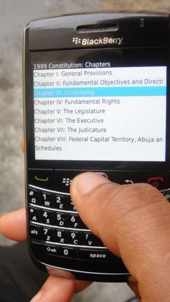 Also in Nigeria, a simple application created by developer Pledge 51 enables citizens to access their constitution by mobile phone.