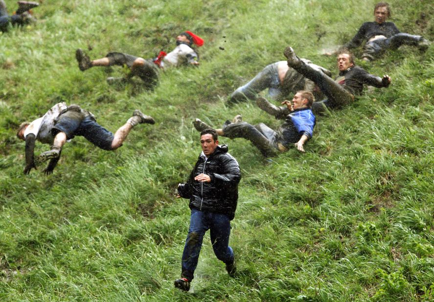 Each year, hordes of competitors join in the annual Cooper's Hill Cheese Rolling, and race an eight-pound Double Gloucester cheese down a steep hill. It is not uncommon for the day to end in an ambulance ride. 