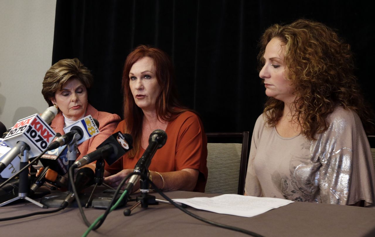 Michelle Tyler, center, has accused<a href="http://www.cnn.com/2013/08/06/us/california-san-diego-mayor/index.html" target="_blank"> Filner of unwanted sexual advances</a>. During a news conference, Tyler said that during a visit to his office in June, Filner rubbed her arm and asked for dinner dates in exchange for his helping Katherine Ragazzino, right, a brain-injured Iraq war veteran.