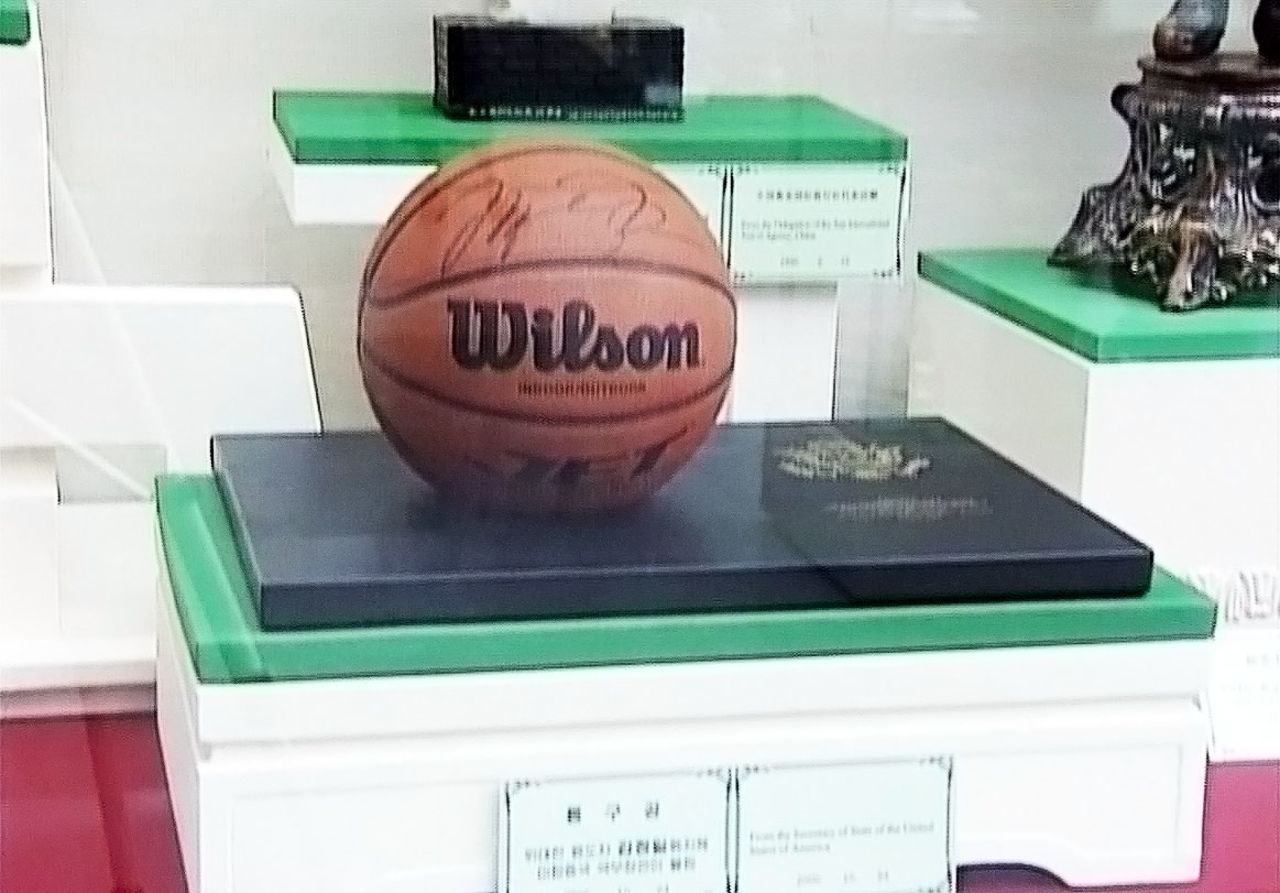 A basketball signed by NBA star Michael Jordan given to Kim Il Sung in 2000 by former U.S. Secretary of State Madeleine Albright.