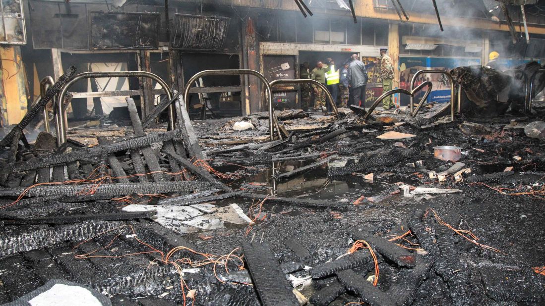 The extensive damage is evident in the charred interior of the airport.