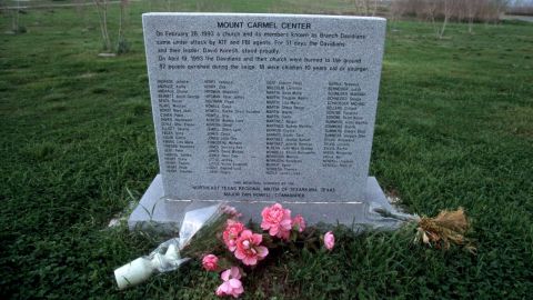 A memorial stands at the site of the Branch Davidian compound outside Waco, Texas, on March 14, 2000.