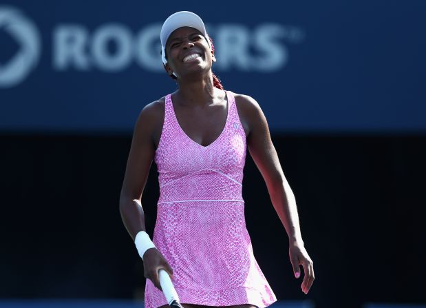 Venus Williams lost to Kirsten Flipkens at the women's Rogers Cup in Toronto. Williams skipped Wimbledon with a back injury and her last win on the WTA tour came in early April. 