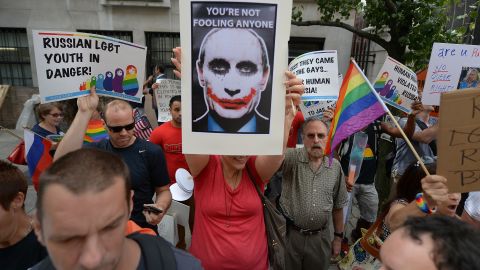 Protesters rally against Russia's anti-gay laws and President Vladimir Putin's stand on gay rights last week in New York.

