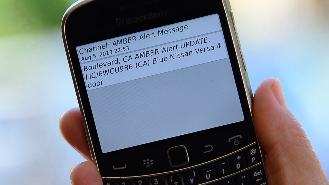 A cell phone in Los Angeles, California, displays an Amber Alert issued late Monday. 