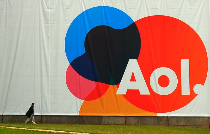 In 2009, America Online developed a simple logo that can be incorporated onto different backgrounds, as seen on this large banner at the AOL headquarters.