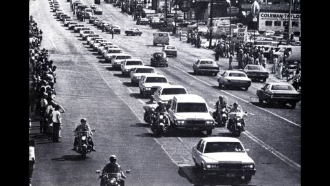 Presley's funeral procession in Memphis, Tennessee, on August 18, 1977.