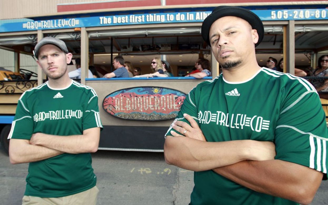 Jesse Herron, left, and Mike Silva run ABQ Trolley Co., which offers a BaD Tour that shows riders up to 20 "Breaking Bad" locations from all five seasons.